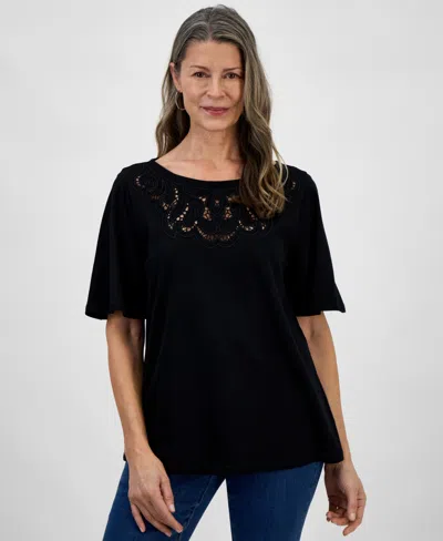 Style & Co Petite Crochet-trimmed Short-sleeve Knit Top, Exclusively At Macy's In Black