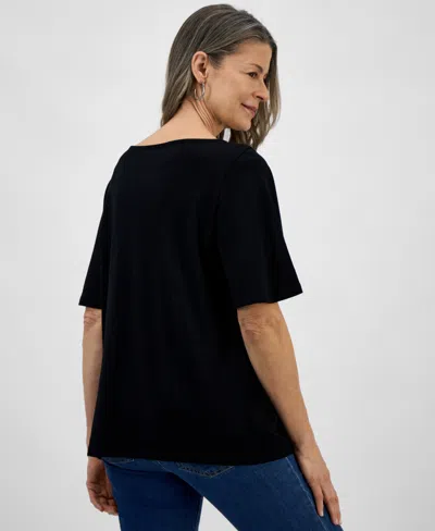 Style & Co Petite Crochet-trimmed Short-sleeve Knit Top, Exclusively At Macy's In Black