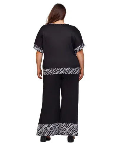 24seven Comfort Apparel Plus Size Geometric Print Trim 2-piece Top And Pants Set In Black