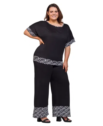 24seven Comfort Apparel Plus Size Geometric Print Trim 2-piece Top And Pants Set In Black