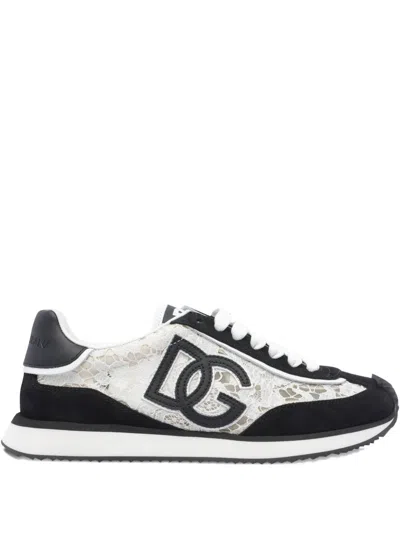 Dolce & Gabbana Black And White Low Top With Lace Details And Dg Patch On The Side