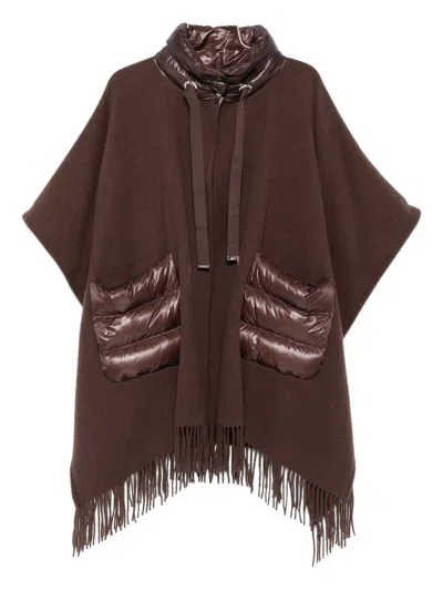 Herno Brown Cape With Drawstring Collar And Fringed Hem In Tech Fabric Woman