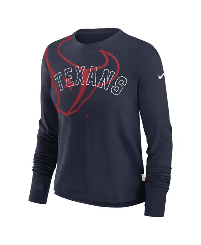 Nike Women's Navy Houston Texans Layered Logo Cropped Long Sleeve Fashion T-shirt