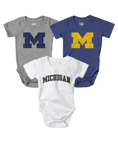 Wes & Willy Baby Boys And Girls 3-pack Navy/white/heather Gray Michigan Wolverines Bodysuit In Multi