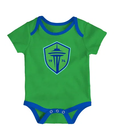 Outerstuff Newborn 3-pack Green/heather Gray/blue Seattle Sounders Fc Loyal Buddies Bodysuit Set In Green