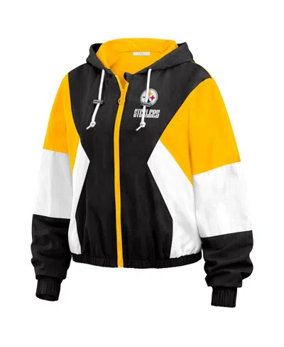 Wear By Erin Andrews Women's Black/gold Pittsburgh Steelers Plus Size Color Block Full-zip Windbreaker Jacket