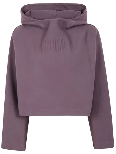Jean Paul Gaultier Bonded Cotton Cropped Bat Sleeves Hoodie With "gaultier" Embossing Clothing In Purple