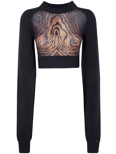 Jean Paul Gaultier Ribbed Long Sleeves Cropped Sweater With Sheer Panel