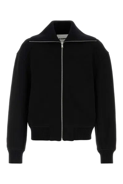 Jil Sander Black Wool Sweather With Zip Up Element In Black