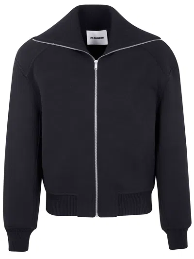 Jil Sander Black Wool Sweather With Zip Up Element In Black