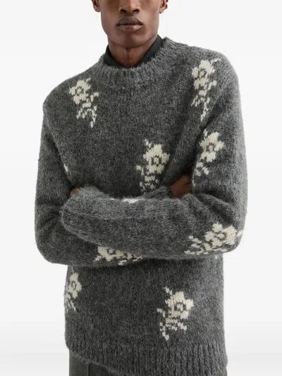 Jil Sander Alpaca Blend Sweater Embroidered Flowers In Gray