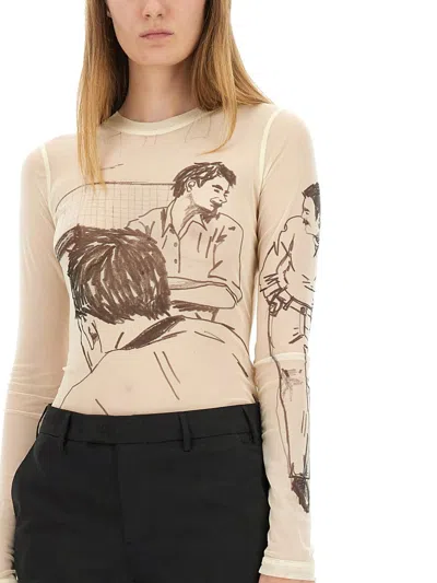 Jw Anderson Sheer Graphic Print Top With Long Sleeves In Neutral