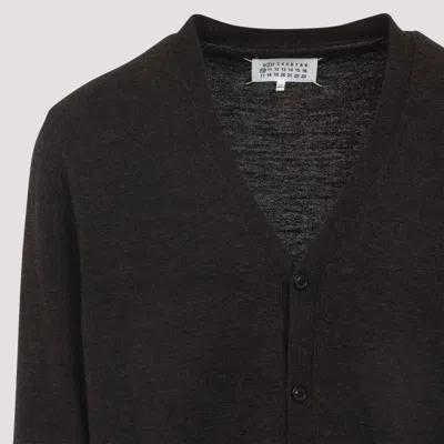 Maison Margiela Brown Wool Cardigan With Suede Elbow Patches In Brown