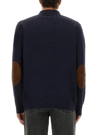 Maison Margiela Knitwear With Buttoned Collar And Elbow Patches In Blue