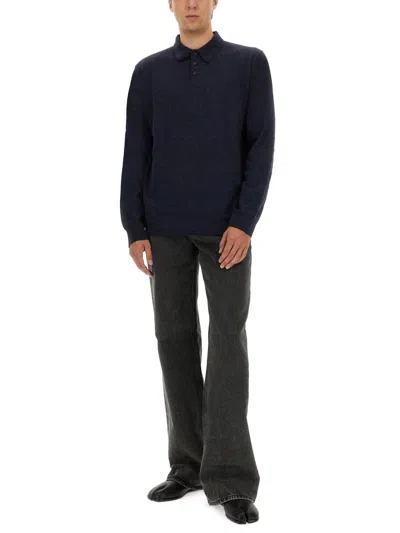 Maison Margiela Knitwear With Buttoned Collar And Elbow Patches In Blue