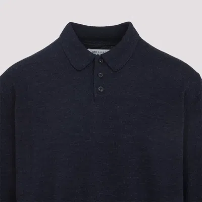 Maison Margiela Knitwear With Buttoned Collar And Elbow Patches In Blue