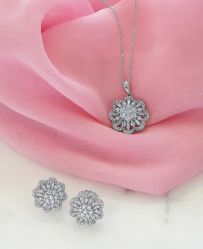 Wrapped In Love Diamond Round & Baguette Flower Stud Earrings (1 Ct. T.w.) In 14k White Gold, Exclusively At Macy's