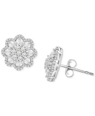 Wrapped In Love Diamond Round & Baguette Flower Stud Earrings (1 Ct. T.w.) In 14k White Gold, Exclusively At Macy's