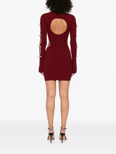 Mach&mach Bow-embellished Ribbed Dress In Burgundy