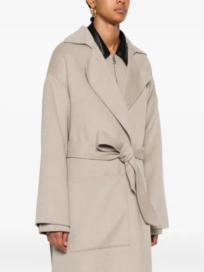 Nanushka Wool-silk Belted Coat In Neutral