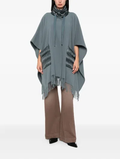 Herno Quilted-pocket Fringed Poncho In Blue
