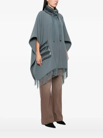 Herno Quilted-pocket Fringed Poncho In Blue