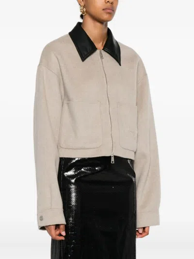 Nanushka Leather-collar Zip-up Jacket In Neutral