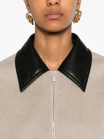 Nanushka Leather-collar Zip-up Jacket In Neutral