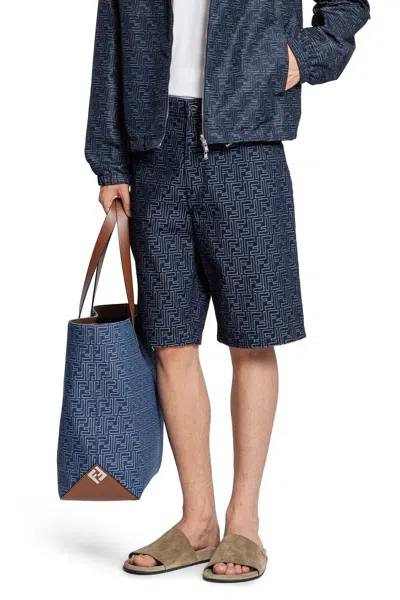 Fendi Ff Jacquard Denim 5 Pocket Shorts In Blue