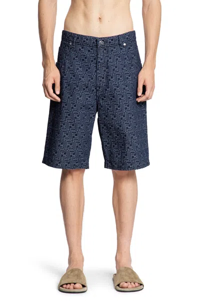Fendi Ff Jacquard Denim 5 Pocket Shorts In Blue