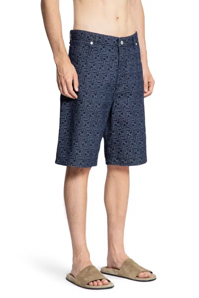 Fendi Ff Jacquard Denim 5 Pocket Shorts In Blue