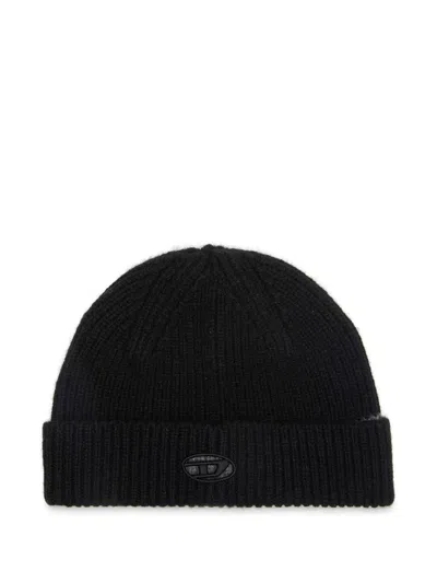 Diesel Black Ribbed Beanie With Logo
