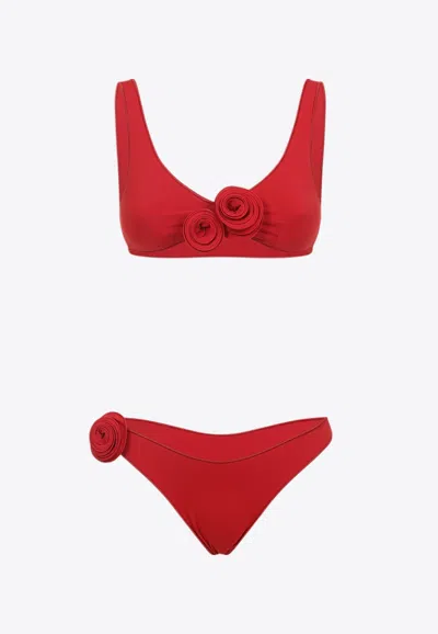 La Reveche Nuha Floral-applique Bikini In Red