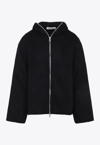 Our Legacy Textured Full Zip Hood Sweatshirt With Cozy Hood In Black