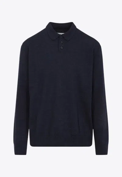 Maison Margiela Knitwear With Buttoned Collar And Elbow Patches In Blue