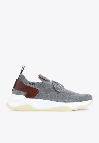 Berluti Knitted Textile Sneakers With Leather Accents In Gray