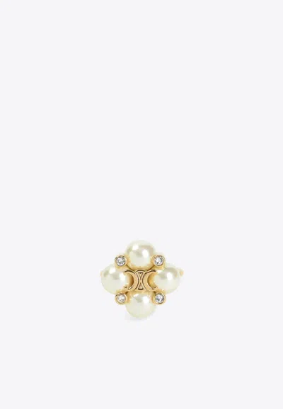 Celine Crystal And Pearl Gold Brass Ring In Multi