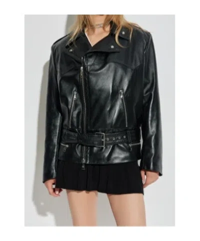Alessandra Rich Leather Jacket Featuring Belted Waist And Epaulettes In Black