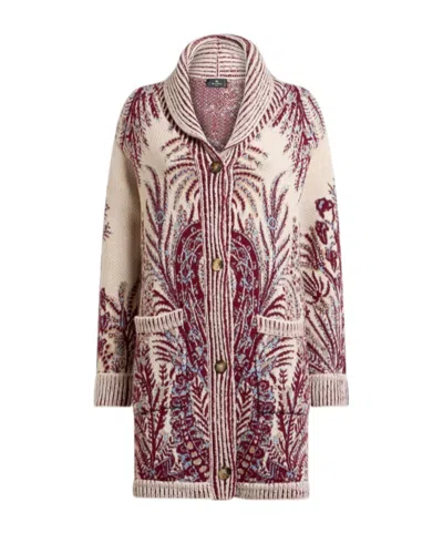 Etro Wool And Cotton Jacquard Maxi Cardigan In Burgundy