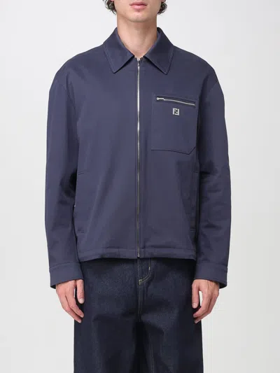 Fendi Men Cotton Jacket With Ff Detail In Blue