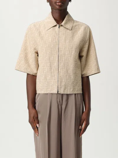 Fendi Women Beige Shirt With Classic Collar And Front Zip Closure In Chambray Ff Woman In Brown