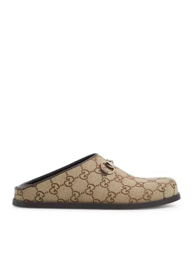 Gucci Gg Monogram Horsebit Flat Mules In Brown