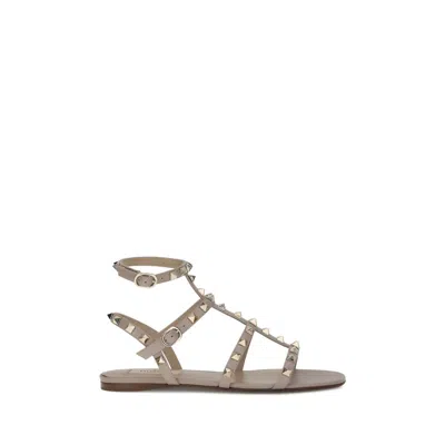Valentino Round Toe Studded Leather Sandals In Neutral