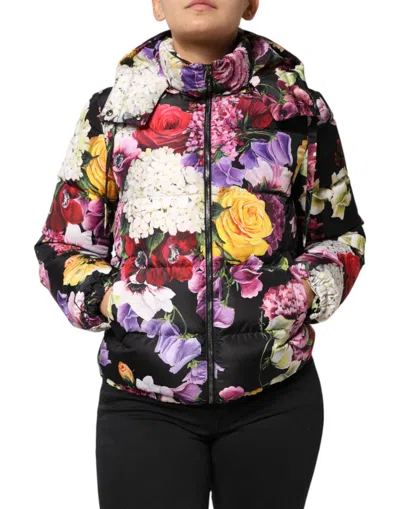 Dolce & Gabbana Multicolor Floral Hooded Puffer Quilted Jacket In Multi