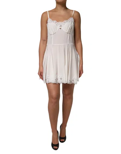 Dolce & Gabbana White Lace Gold Dg Logo Silk Dress Sleepwear