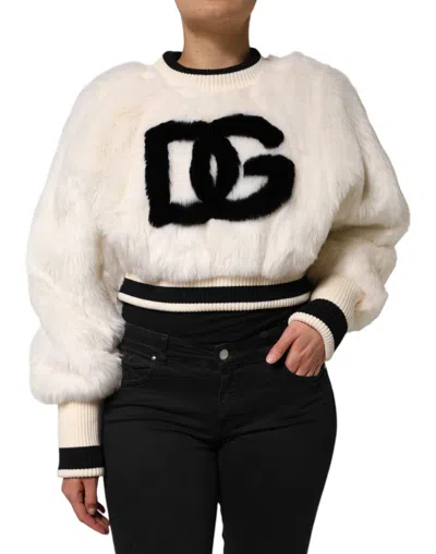 Dolce & Gabbana White Cropped Faux Fur Dg Sweatshirt Sweater In White