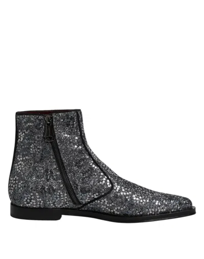 Dolce & Gabbana Dark Gray Cotton Sequined Chelsea Boots Shoes In Gray
