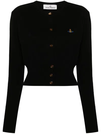 Vivienne Westwood Bea Black Cardigan With Orb Embroidery And Branded Button In Cotton And Cashmere Woman In Black