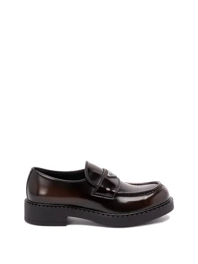 Prada Triangle Logo Chocolate Brushed Leather Loafers In Black