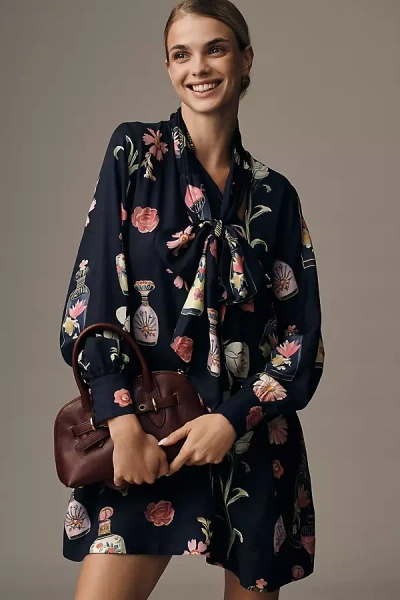 Maeve Long-sleeve Pussybow Floral Mini Dress In Blue